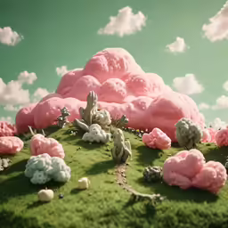 a lush green hill has pink and white clouds