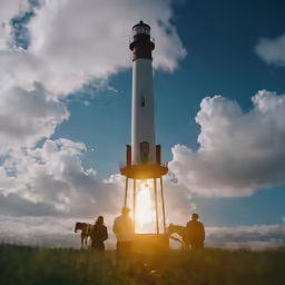 a couple of people near a light house with the sun peeking out