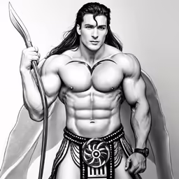 a pencil drawing of a man with long hair and a sword