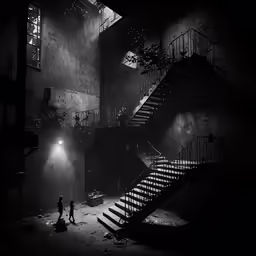 silhouette of two people walking in front of the stairs