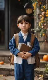 a young boy in a blue school coat with books on his back