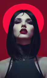 a woman wearing dark makeup with a red background