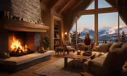 the woman is sitting in a den with a fireplace and a television