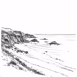 an illustration of an ocean with rocks and sand