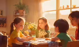 children sitting around a wooden table eating at a dinner table