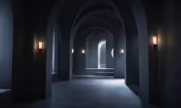an empty hallway with a long light on the ceiling
