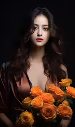 there is a beautiful woman holding a bouquet of flowers,a woman with long brown hair holds flowers