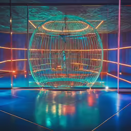 a spherical object is illuminated in the middle of the room
