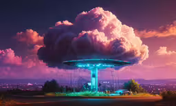 a pink cloud over a street with a green traffic light,the image shows a city in the clouds at night