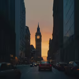 a street with cars in traffic and big ben in the background