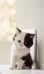 black and white kitten sitting on top of white table