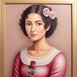 a painting of a woman with a red rose in her hair,a painting of a woman in red holding a pink rose