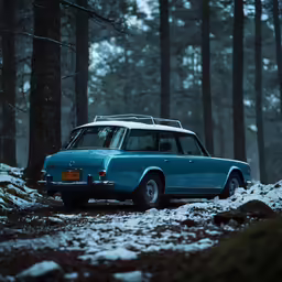 an old blue car sits in a snowy forest
