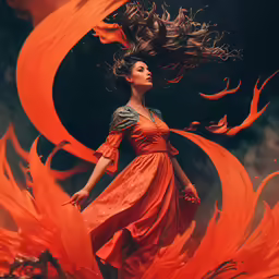 a woman with her hair in the wind, wearing a flowing red dress