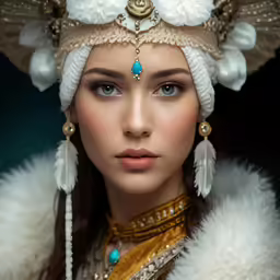 a model wearing a white feather hat, with beads and feather earrings