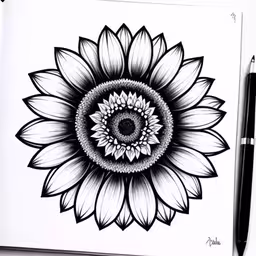 a drawing of a black and white flower on a page,the drawing is made with a marker and a pen