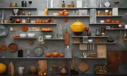 a kitchen filled with shelves holding pots and pans