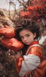 young woman with light blue eyes and an orange leather coat