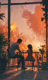 father and daughter sitting outside in front of a sunset