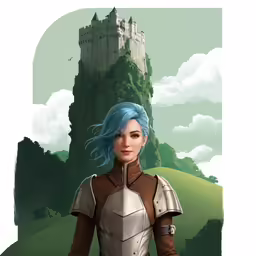 the girl in an armor is posing in front of a castle