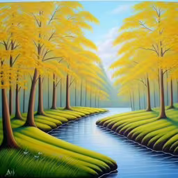 a painting of a river in the middle of some yellow trees,a painting of a stream runs between trees,the painting depicts many different trees along a stream,an oil painting of an autumn scene with trees and a stream,a painting of trees and water surrounded by grass