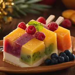 several pieces of fruit and cream are on a brown plate