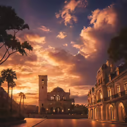 a dusk photo showing a building that is at sunset