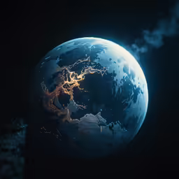 a glowing blue planet with lights at night