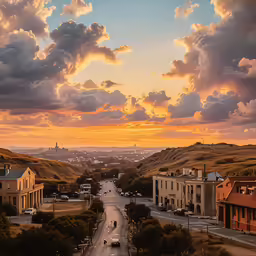 the sunset behind some buildings with cloudy skies