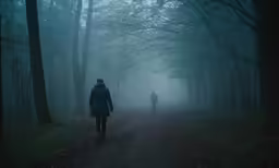 a person walking on a trail in the dark woods