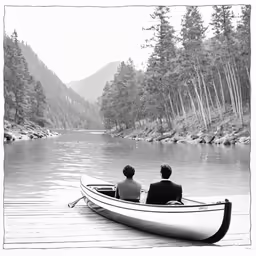 a couple in a canoe looking over the lake