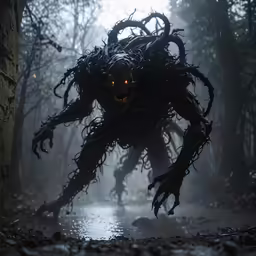 a demon creature walking through the woods on a gloomy day