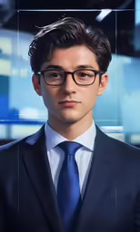 a man with glasses wearing a suit and tie