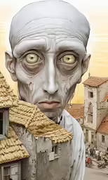 an old building with a mans head in it