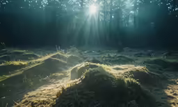 the light shining through the trees in the forest