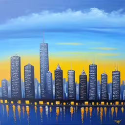 the painting is made to look like it is floating on water,there is a painting on the easel of a city,an oil painting shows a city skyline and blue water,a painting of a city with skyscrapers in the distance,an abstract painting of buildings reflected in the water