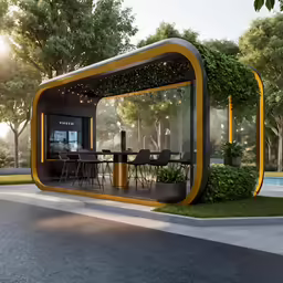 a 3d rendering of a futuristic looking restaurant