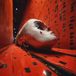 the woman is standing in the orange room