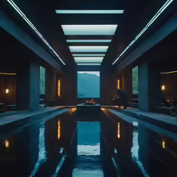 a man in a black suit stands next to a swimming pool