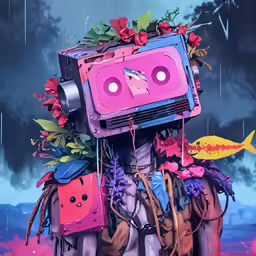 there is a robot in the grass with flowers on it