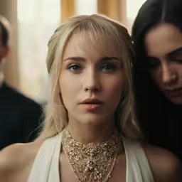 a woman wearing some very elegant necklaces next to a lady