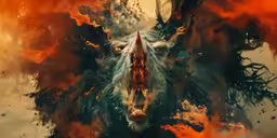 a demonic beast in the middle of flames