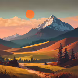 the landscape is painted on paper with some colors,a painting of a snowy mountain range