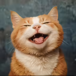 an orange and white cat laughing while his eyes are closed