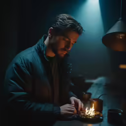 a man sitting at a table burning something