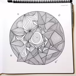 a book open to a drawing in pencil,the top half of a drawing is black and white
