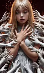 an artistic rendering of a young girl surrounded by hands
