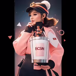 a woman in a hat holding an ice cream bucket