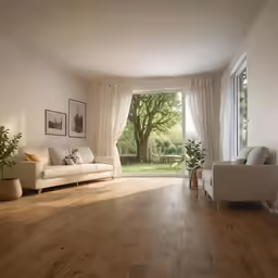 a living room with white furniture and wooden floors
