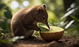 a baby antelope eating a piece of fruit from a wooden bowl